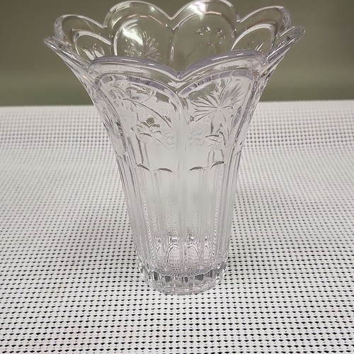 Clear Pressed Glass Vase Floral Pattern Scalloped Rim Decorative Flowers