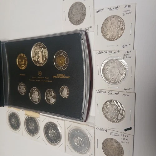 Canada Silver Coin Lot 5 Silver Dollars Unc. 5 50 cent Circ