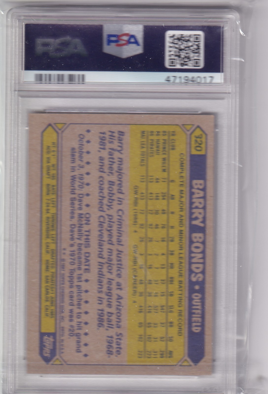 1987 Topps Barry Bonds Rookie RC #320 Pirates PSA 8 view 2