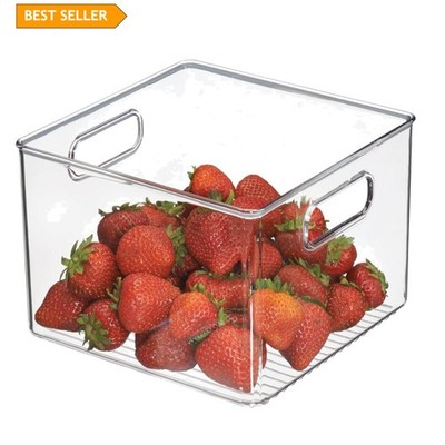 Stylish 8x8 Clear Plastic Storage Bin with Handles for Easy Kitchen Organization