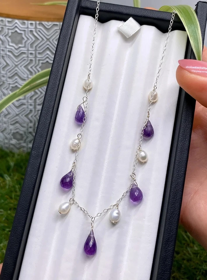 Natural Briolette Amethyst and Creamy Pearl Necklace, silver 925. 18Inches - Image 2 of 4