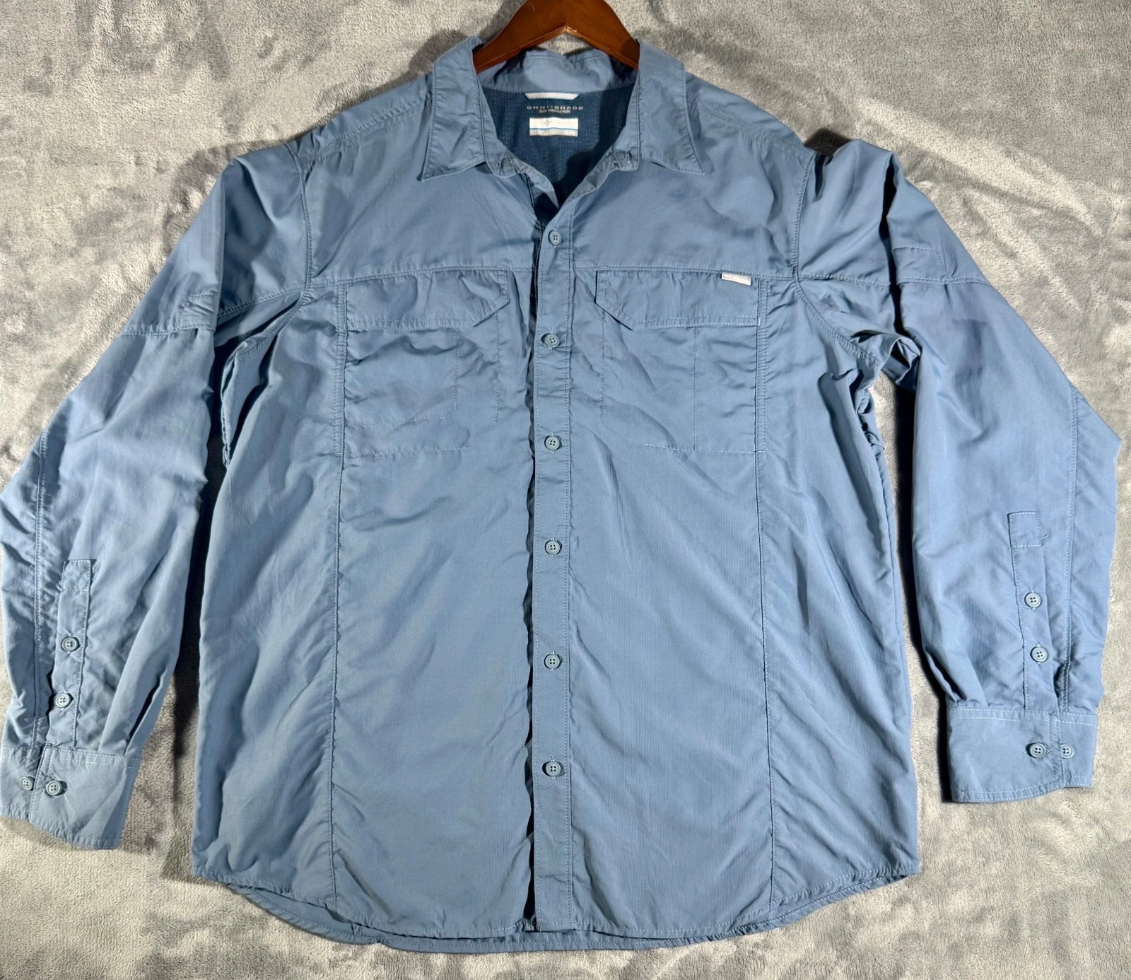 Columbia Shirt Mens XL Blue Omni Shade Hiking Camp Fishing Lightweight Sun Block