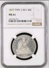1877-P, 50C, Seated Liberty, TYPE 2 REV, NGC MS-61, SUPER RARE, ULTRA LOW POP
