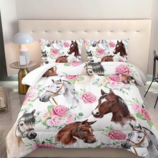 Nttopship Horse and Flower Comforter Set for Girls Horse and Floral 3 Piece B...