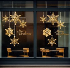Christmas Tree Window Clings Stickers for Glass, Golden Christmas Snowflake Wind