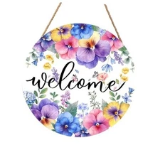 Anyako Welcome Spring Summer Red Blue Purple Floral Door Sign For Front Pansy