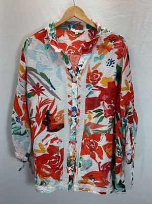 John Mark Women s 2X Boho Blouse Button Up Floral Art to Wear Ruched Tie Sleeve