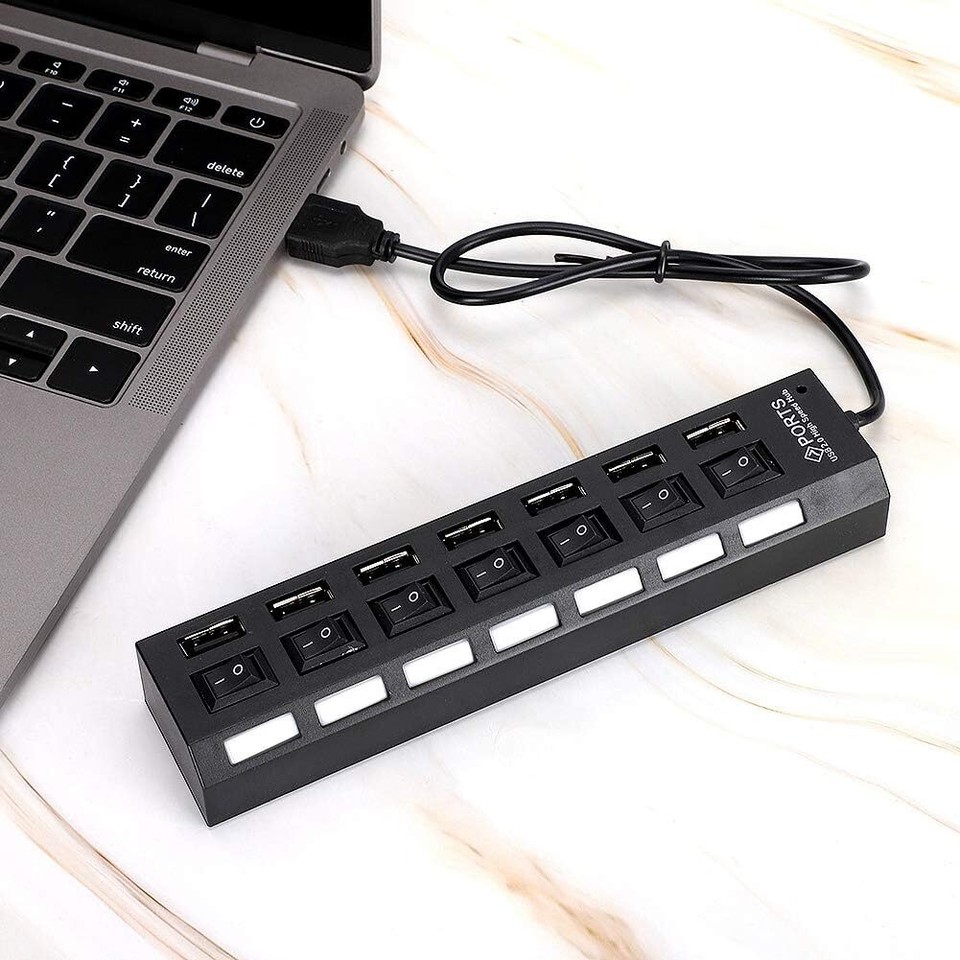 USB Hub 7 Port On/Off Switch High Speed Splitter AC Adapter Cable PC ...