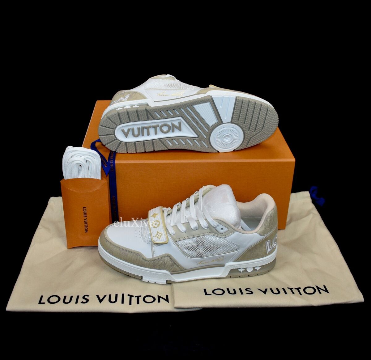 NWT Louis Vuitton White Beige Trainer Sneakers with Strap 9 US 8 LV  AUTHENTIC