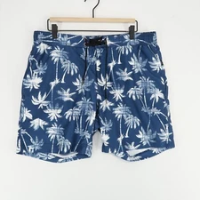 Onia Swim Trunks Elastic Waist Drawstring Large Blue Palm Print Mesh Lined