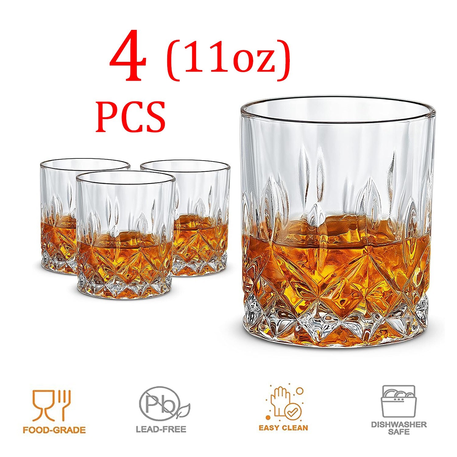 Old Fashioned Whiskey Glass Set of 4 Crystal Bourbon Glasses 11 Oz for
