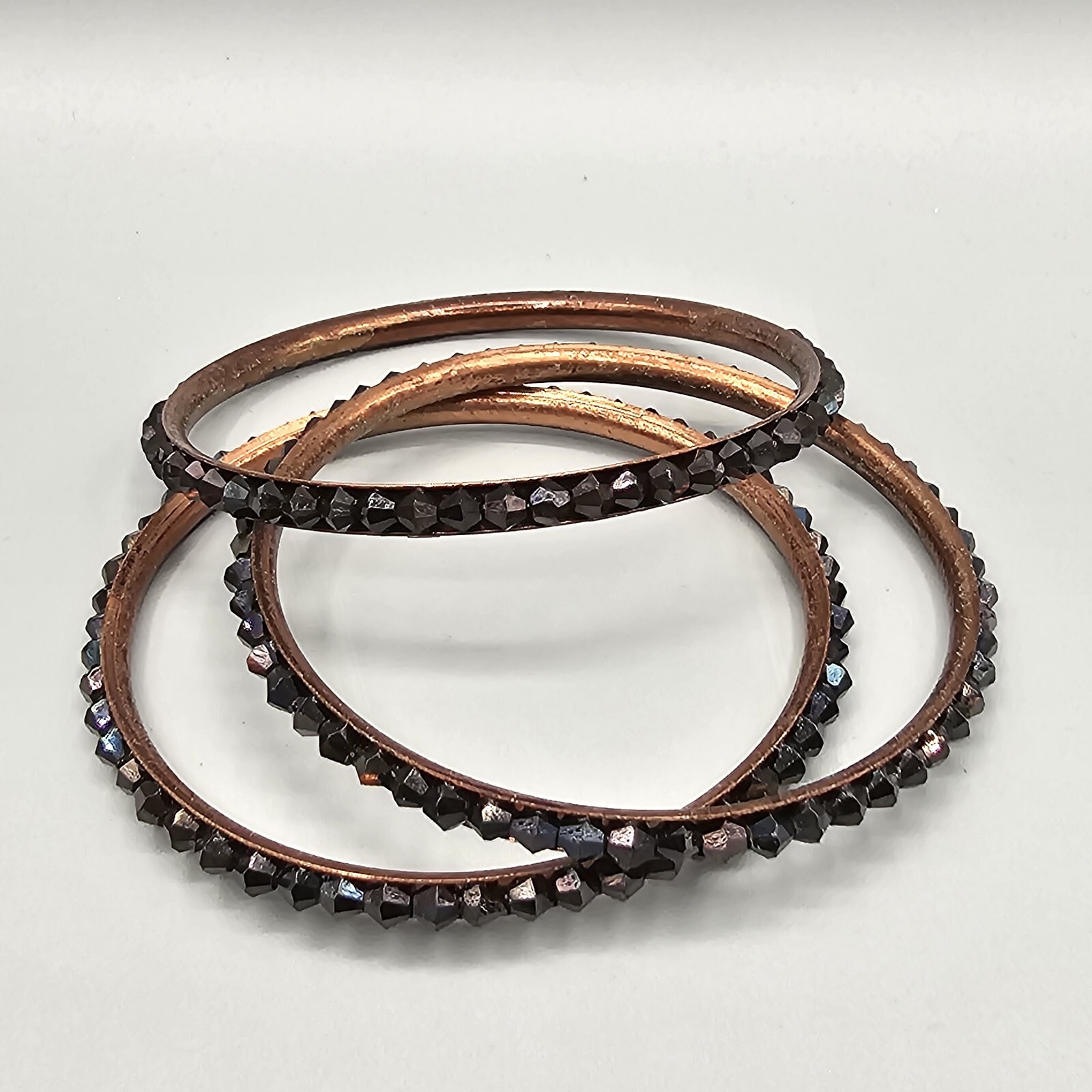 Stackable Bangle Trio (3) Copper Tone Black Rhine… - image 1