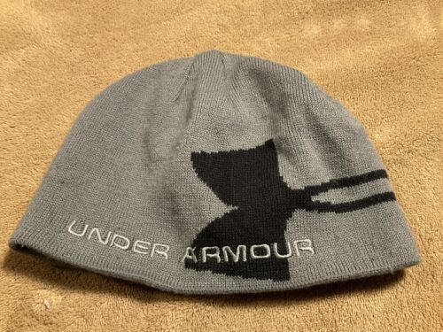 Casquette chapeau d'hiver vintage Y2K Under Armour grand logo épelé tricoté bonnet RARE gris - Photo 1/10