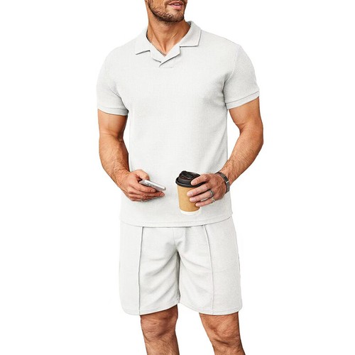 Mens Short Sleeve Polo Shirts Shorts Mens Waffle Fashion Casual Tracksuit Sets - Picture 7 of 32
