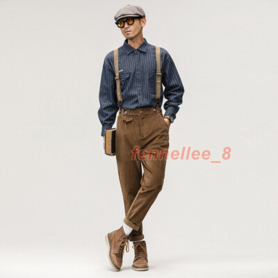 British Mens Vintage Corduroy Overalls Suspenders Trousers Casual