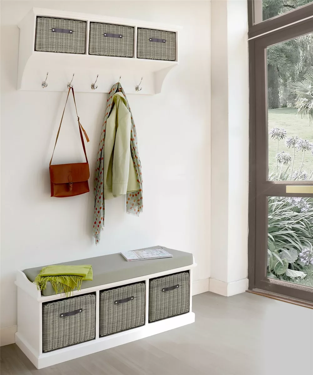 Tetbury white hallway coat rack and storage bench with extra