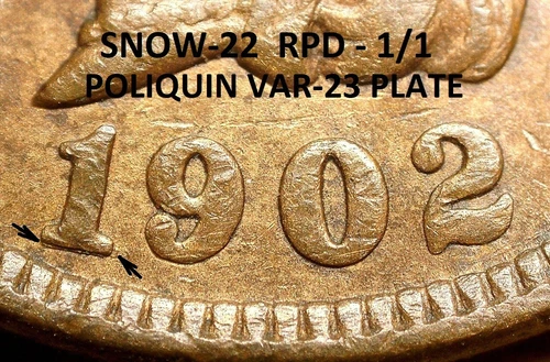 1902 Indian Head Cent - ALMOST UNC SNOW-22 / POLIQUIN VAR-23 PLATE, RPD (J347)