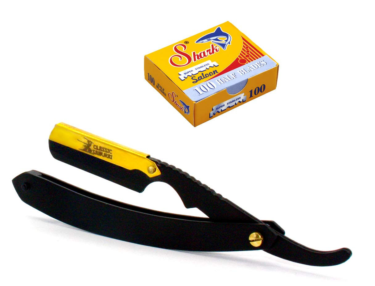 CS-102 Matte Black Golden Head Stainless Steel Professional Barber Straight Edge