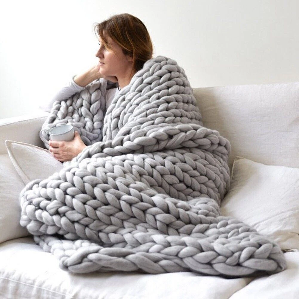 Chunky Knitted Thick Blanket Winter Warm Hand Yarn Merino Bulky
