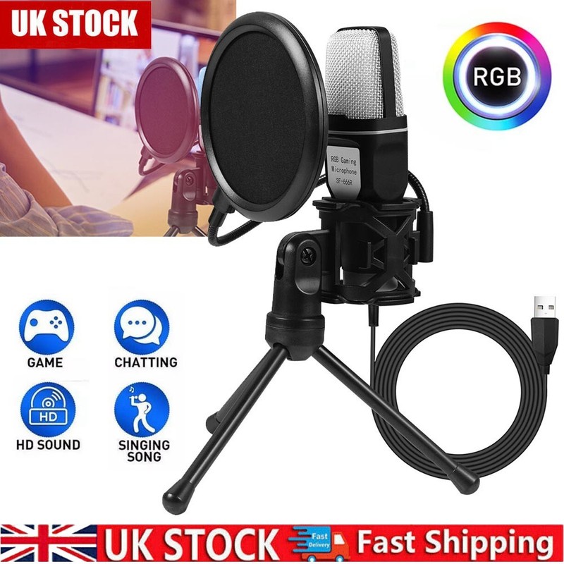 USB Condenser Microphone With Stand Pop Filter PC Podcast Studio Recording Mic