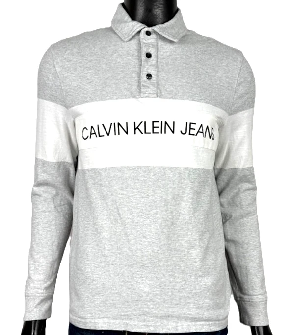 Calvin Klein jeans polo homme S coton lourd gris manches longues logo - Photo 1/4