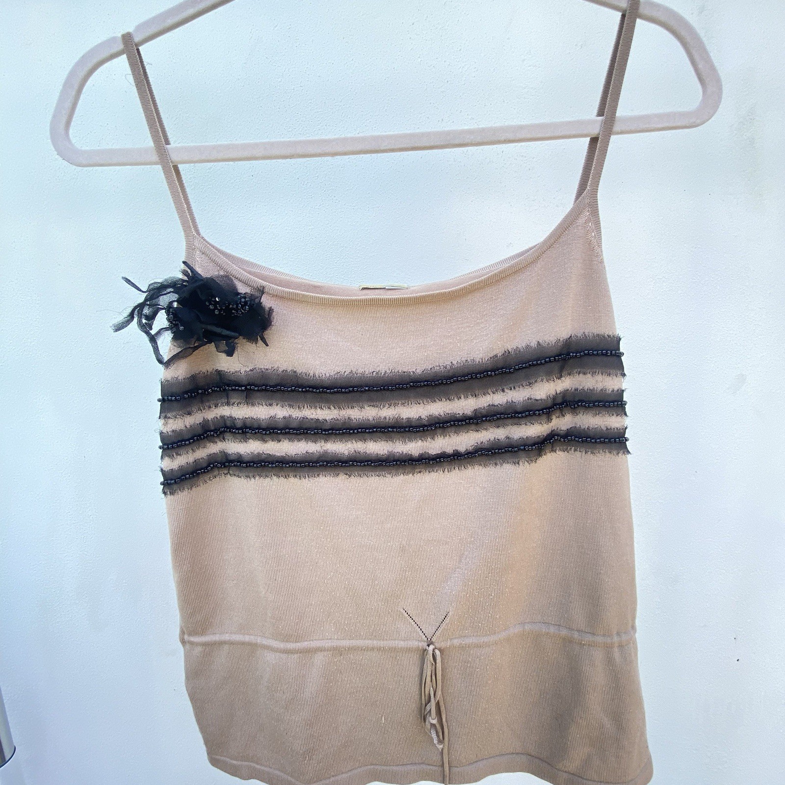 Y2K Max Studio Tan & Black Beaded Tulle Tank Top Size Large