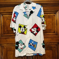 Disney Shirt Mens L White Mickey Mouse Graphic Rayon Button Up Cartoon EUC