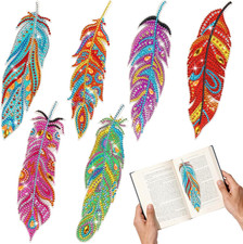 6Pcs 5D Diamond Art Painting Bookmarks Acrylic Diamond Art Feather Bookmark with