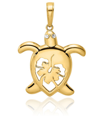 14K Solid Two Tone Gold Medium Flower Sea Turtle Pendant Necklace 25.84mm