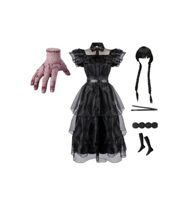 WEDNESDAY ADDAMS Dress Halloween Costumes, Black Dress with Thing Hand and Wig,
