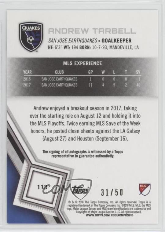 2018 Topps MLS Blue Auto 31/50 Andrew Tarbell #113 Auto 1u6