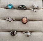 Lot of 7 Vintage Sterling Silver Rings Bands w/ Gems Cameo Marcasites