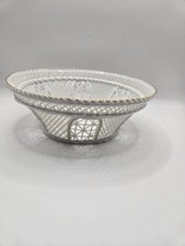 Vintage Romanian Porcelain Basket Lace Cutwork Decorative Bowl White And Gold