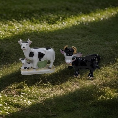 Set of Two Vintage Cow Figurines Japan Ceramic Hand Painted Farm Animal 3''