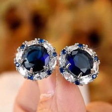 2Ct Round Cut Lab-Created Blue Sapphire Halo Stud Earrings 14K White Gold Plated