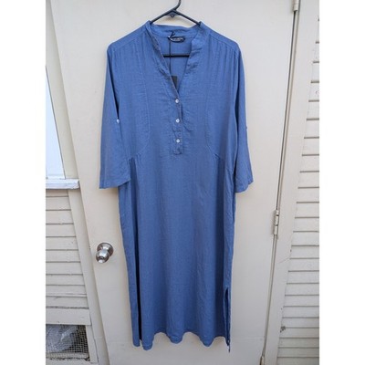 NWT Francesca Bettini Linen Cotton Maxi Dress Roll Tab Sleeve Blue Size Small