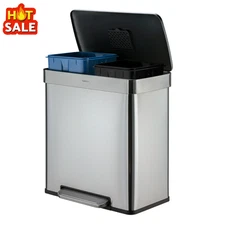 16 Gallon Stainless Steel Dual Compartment Step On Garbage Bin, Silver NEW