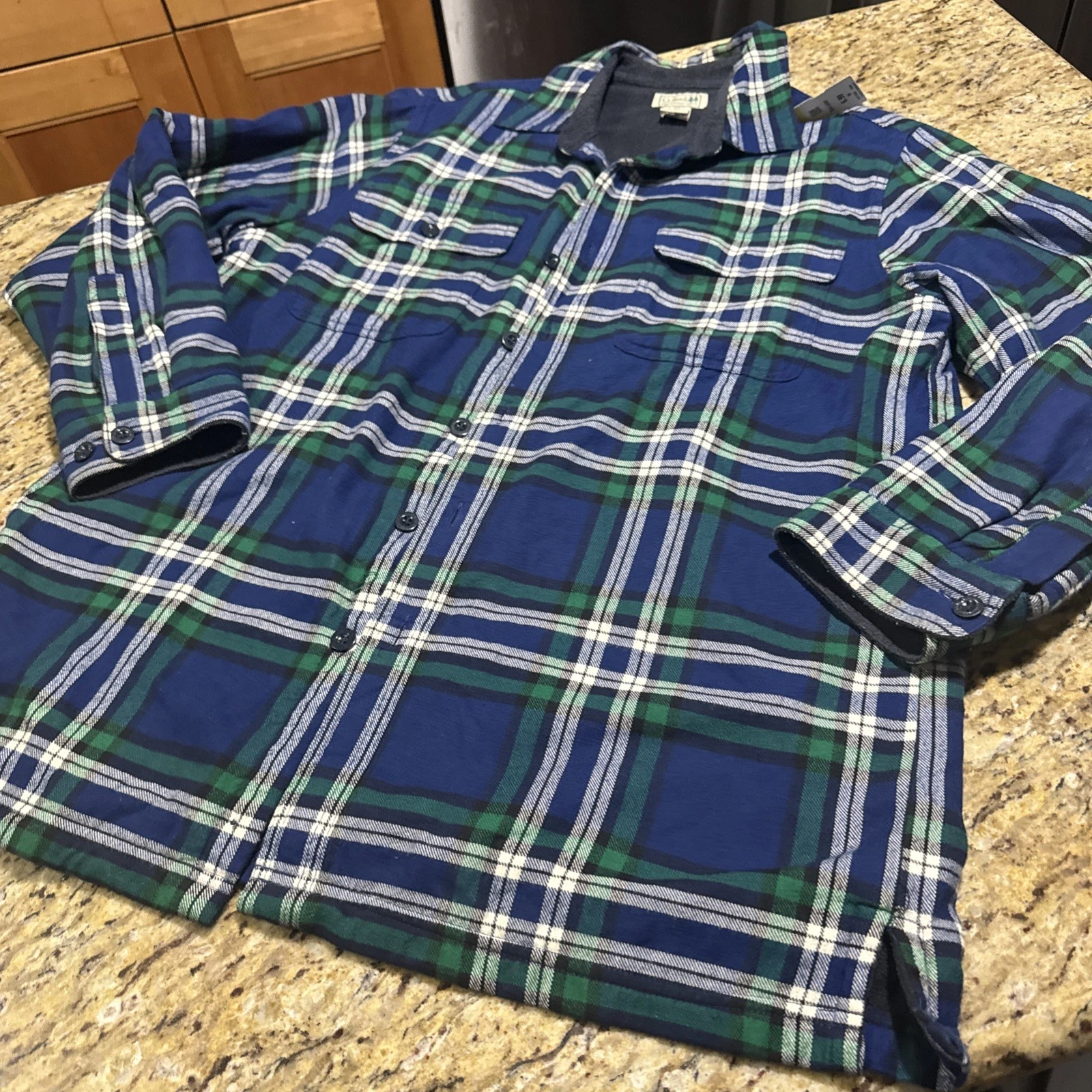 L.L. Bean Blue Jacket Green Fleece Lined Flannel Plaid Button Medium Tall Cpix