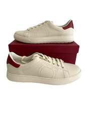 Nuevo Salvatore Ferragamo Pierre Cuero Parte Superior Baja Hombres Zapatos Tenis 12 Blanco Rojo