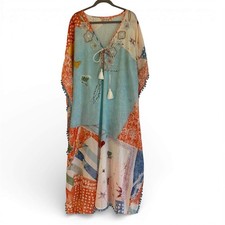 Debbie Katz South Beach Kaftan Dress XL Patchwork Embroidered Cotton Boho Maxi