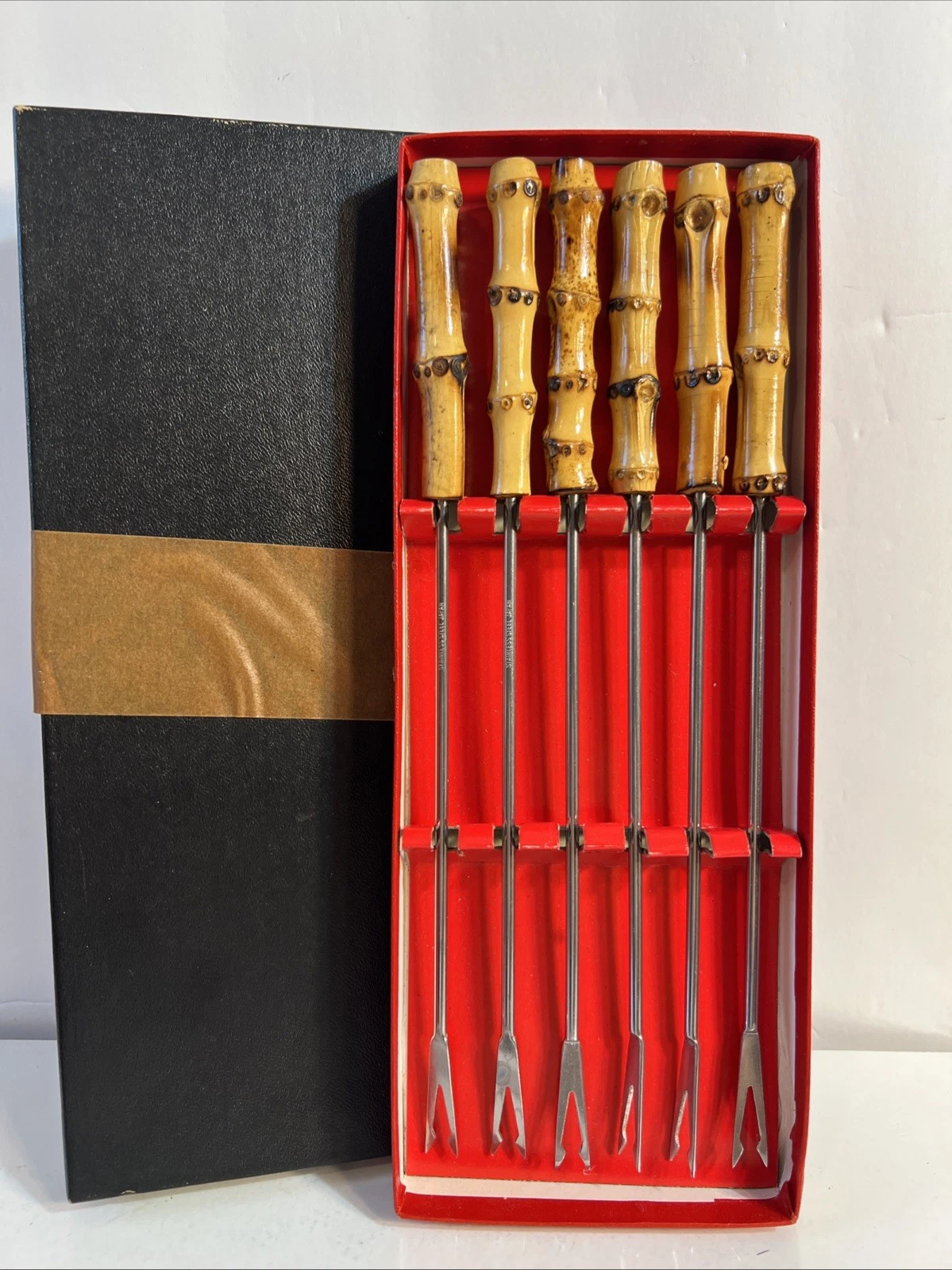 Vintage Set 6 Fondue Forks Stainless Steel BambooHandles Japan 10" Original box