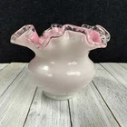 Vintage Gorgeous Fenton Art Glass Rose Bowl Vase Pink Ruffled Silver Crest Cased