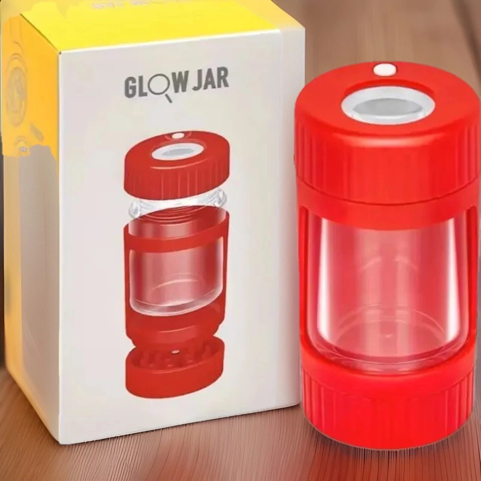 4 in 1 Stash Jar, Magnifying LED Lid, Grinder, One Hitter, RED, Large 110 ML