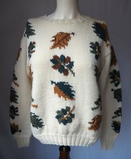 Vintage 90's Austin Hill 100 Wool Sweater Leaf Theme Cream Ivory Size M