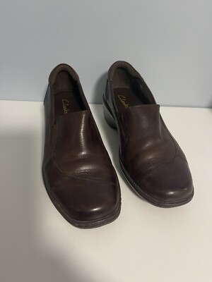 ブラウン Clarks Shoe Womens 8.5 M Loafers Slip On Brown Leather Low Wedge