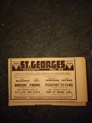 Kvc42  Ephem 1938 advert Falmouth St George's rene Ray Ellis Island Judith Allen