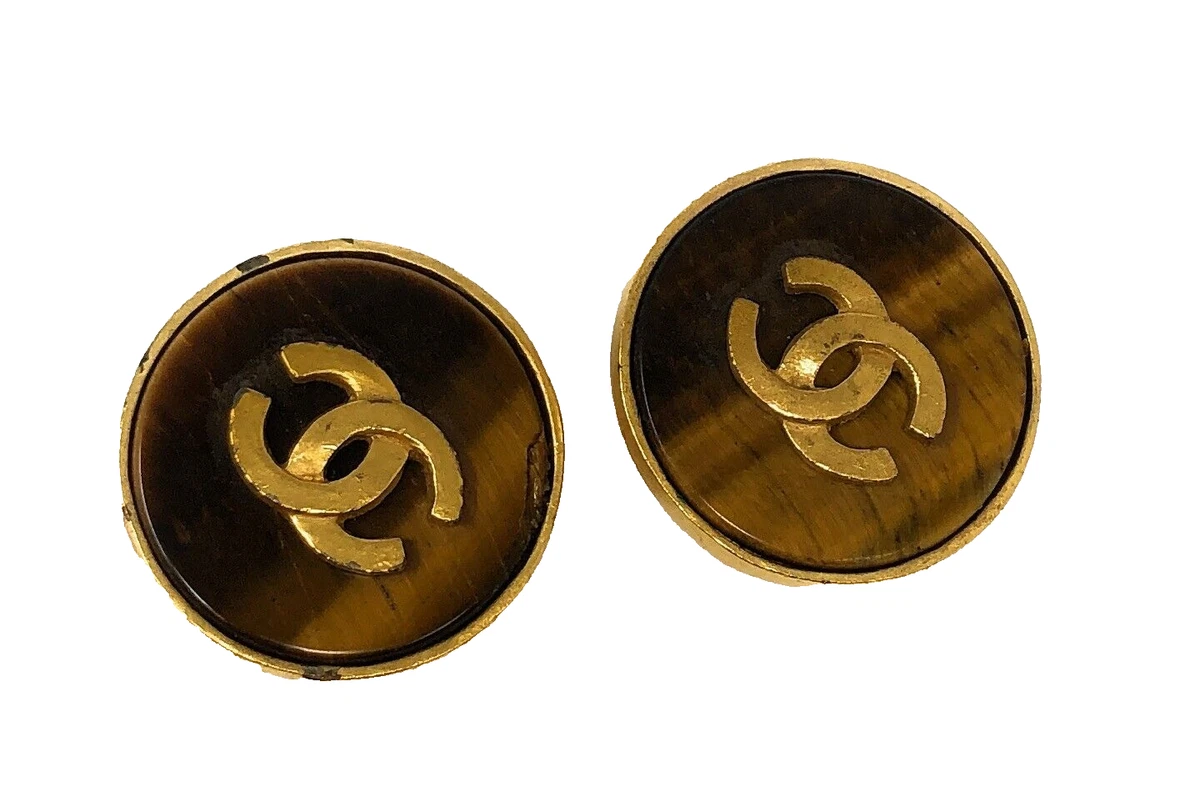 Chanel Vintage 95A Earrings Tiger Eye Stone CC Logo / Clip on / In Box