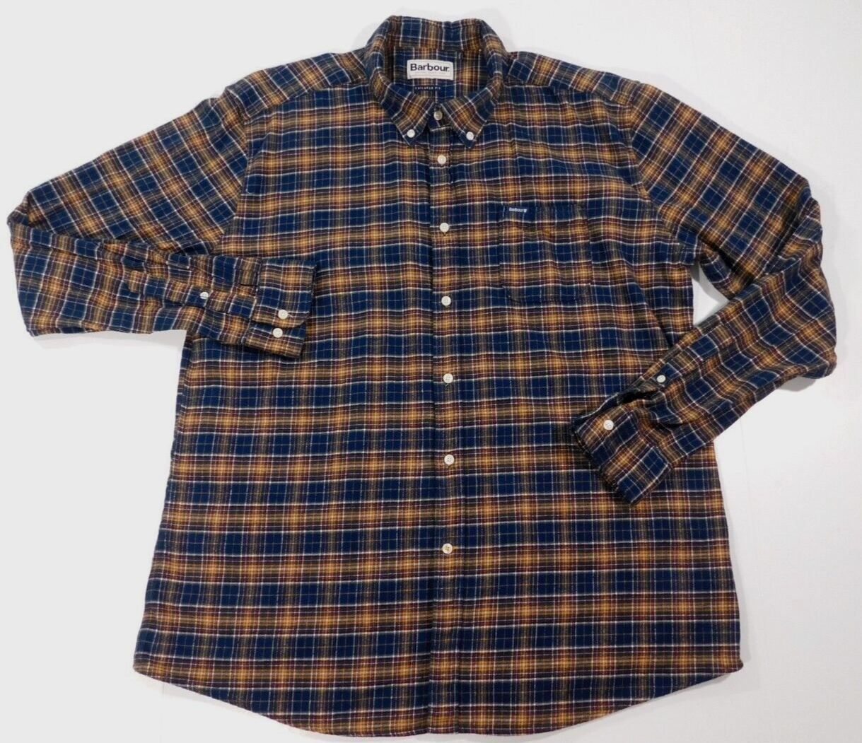 Barbour Flannel Shirt Men's XL Plaid Long Sleeve Tailored Fit Blue Gold Casual-image