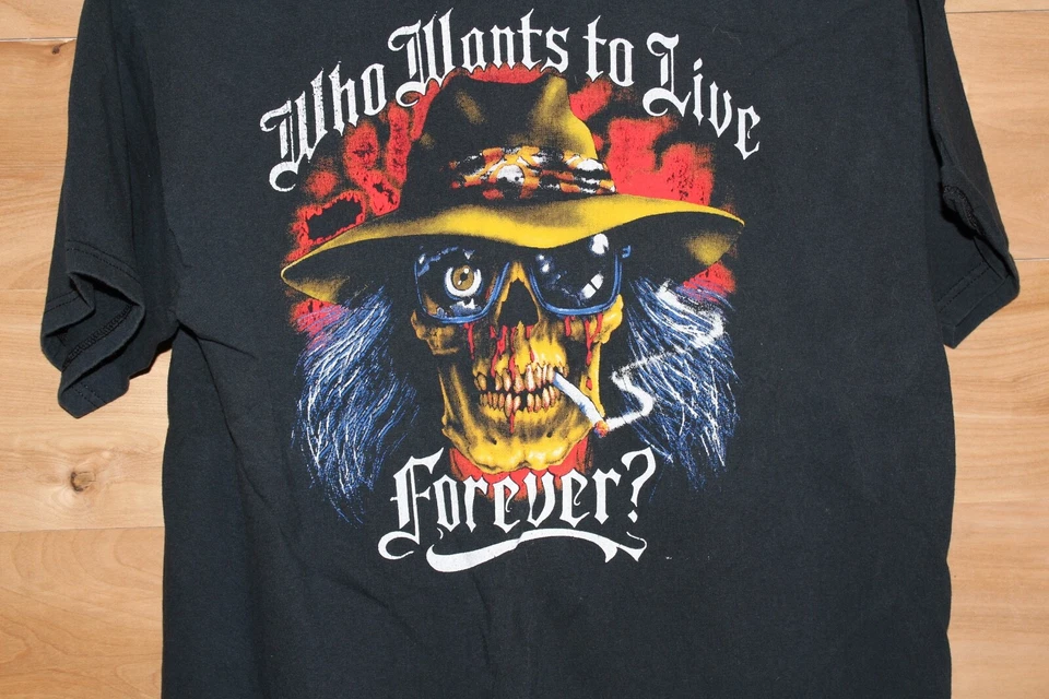 Camiseta de motociclista vintage calavera que quiere vivir para siempre negra grande para hombre Foto 3 de 4