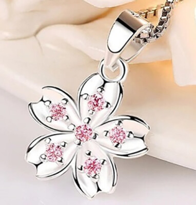925 Sterling Silver Womens 20'' Chain Pink Topaz Flower Pendant Necklace D677
